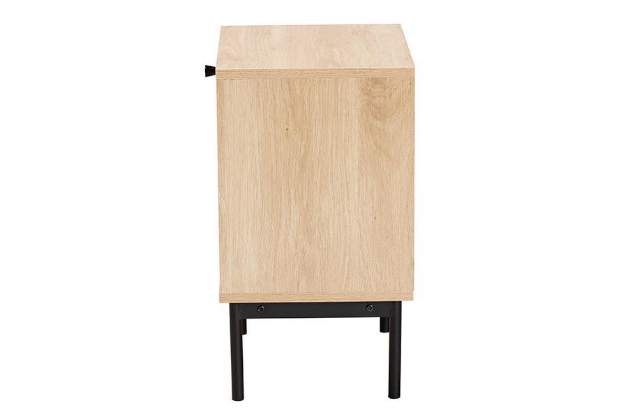 Baxton Studio Sherwin Mid-Century Modern Light Brown and Black 1-Drawer End Table with Woven Rattan Accent FredCo