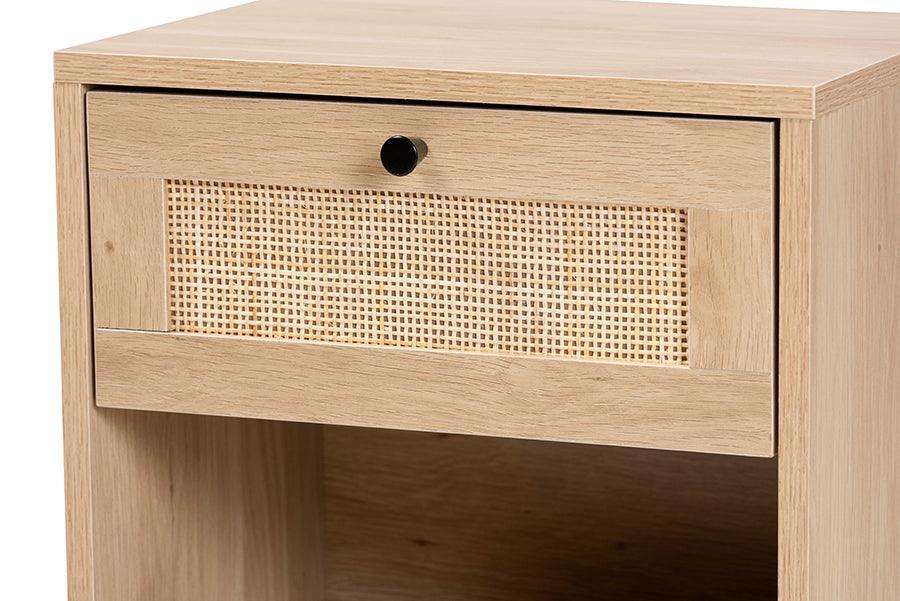 Baxton Studio Sherwin Mid-Century Modern Light Brown and Black 1-Drawer End Table with Woven Rattan Accent FredCo
