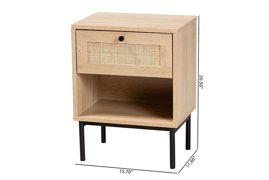 Baxton Studio Sherwin Mid-Century Modern Light Brown and Black 1-Drawer End Table with Woven Rattan Accent FredCo