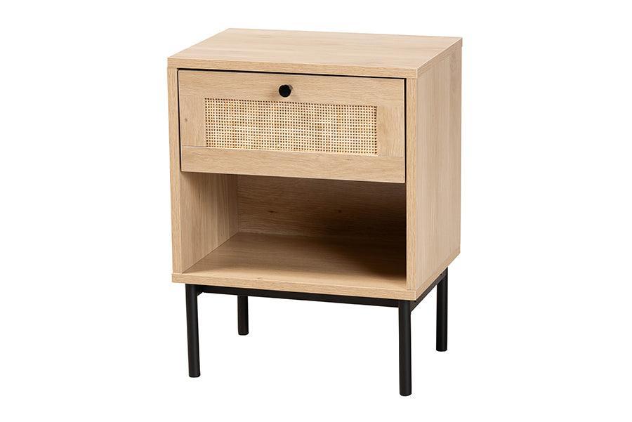 Baxton Studio Sherwin Mid-Century Modern Light Brown and Black 1-Drawer End Table with Woven Rattan Accent FredCo