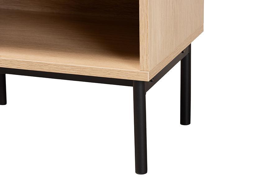 Baxton Studio Sherwin Mid-Century Modern Light Brown and Black 1-Drawer End Table with Woven Rattan Accent FredCo