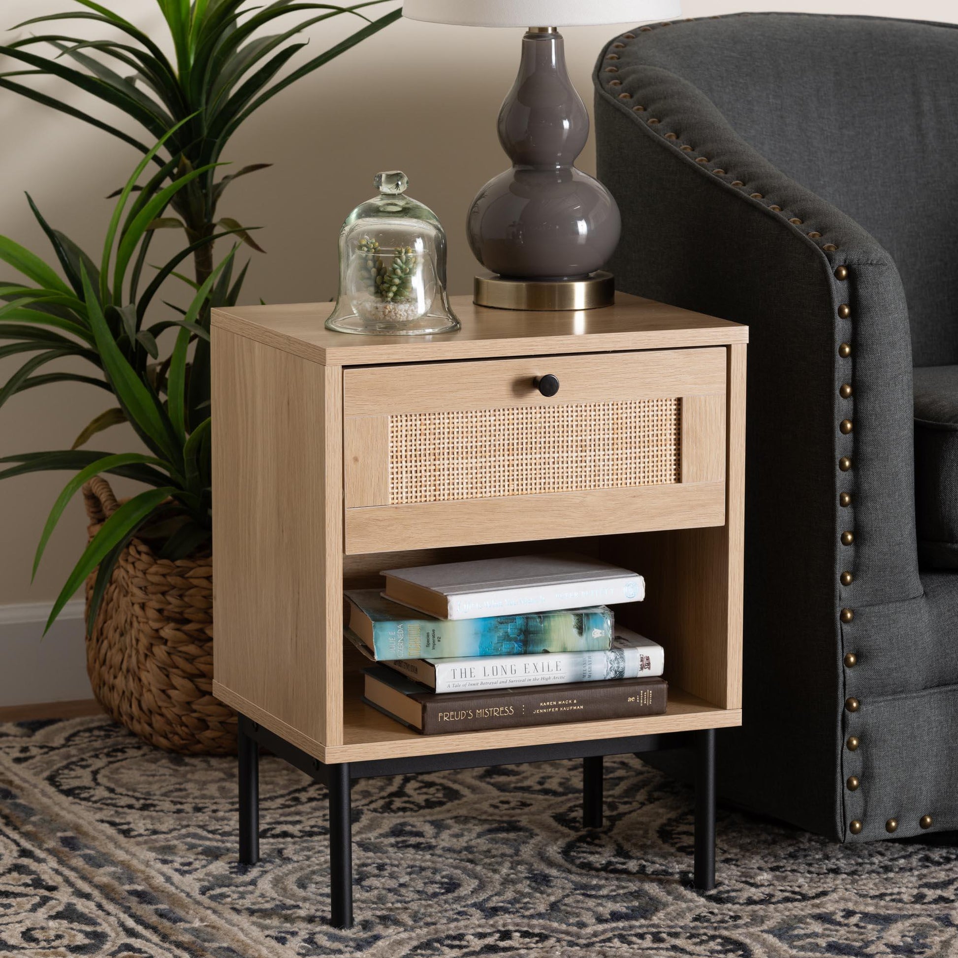 Baxton Studio Sherwin Mid-Century Modern Light Brown and Black 1-Drawer End Table with Woven Rattan Accent FredCo