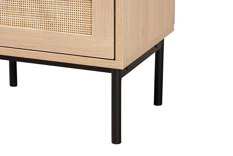 Baxton Studio Sherwin Mid-Century Modern Light Brown and Black 2-Drawer End Table with Woven Rattan Accent FredCo
