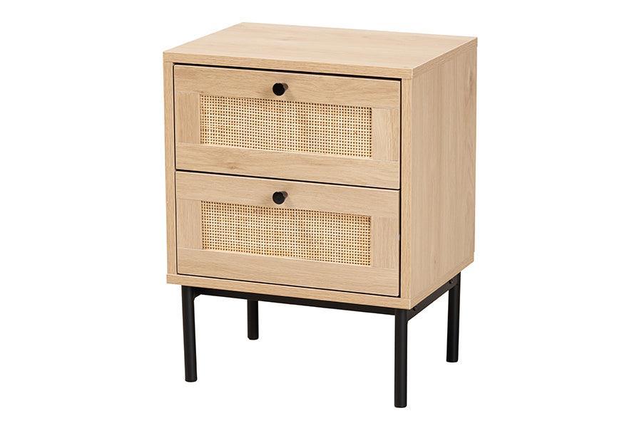 Baxton Studio Sherwin Mid-Century Modern Light Brown and Black 2-Drawer End Table with Woven Rattan Accent FredCo