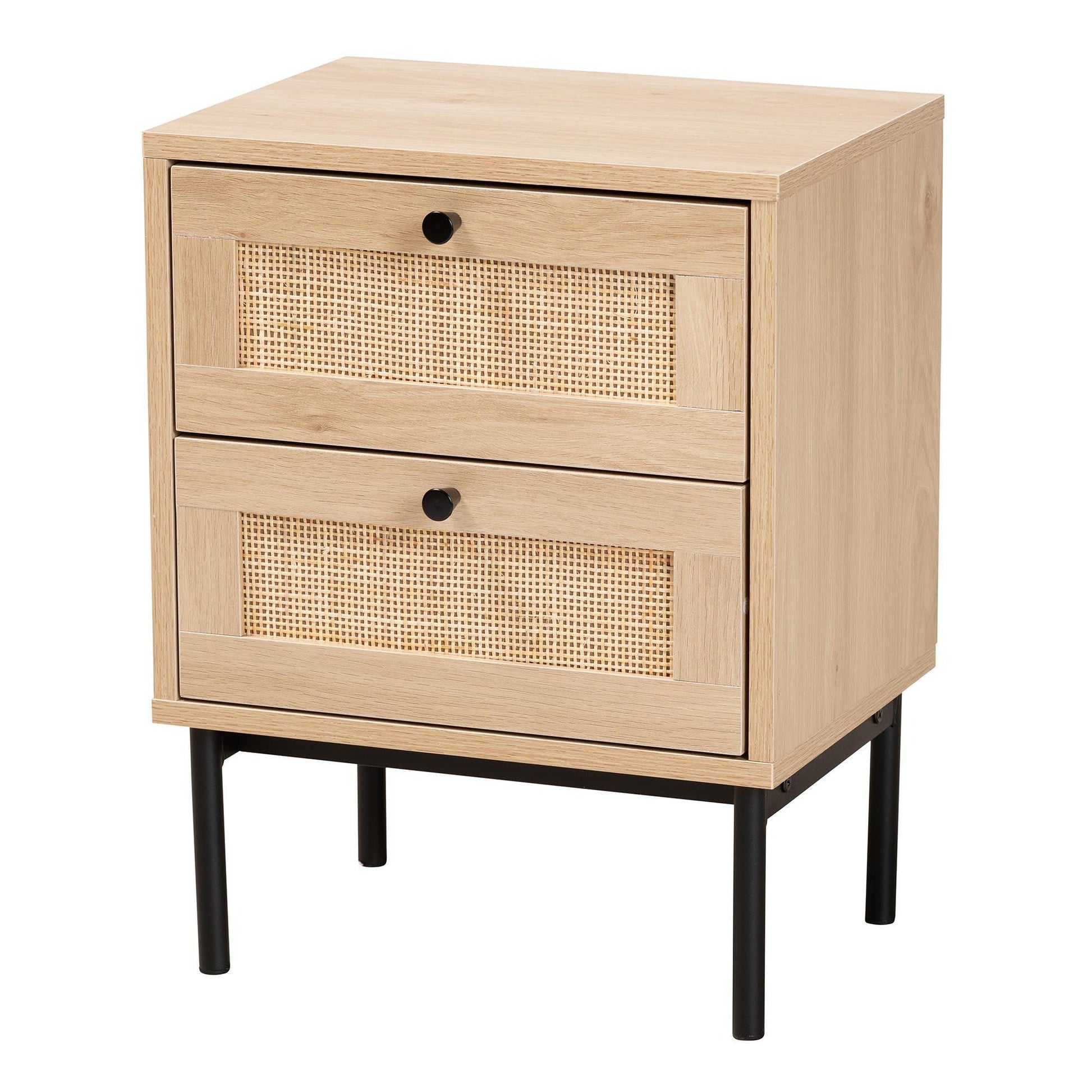 Baxton Studio Sherwin Mid-Century Modern Light Brown and Black 2-Drawer End Table with Woven Rattan Accent FredCo
