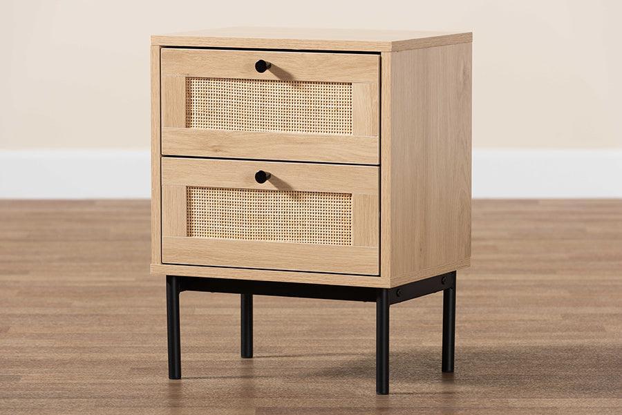 Baxton Studio Sherwin Mid-Century Modern Light Brown and Black 2-Drawer End Table with Woven Rattan Accent FredCo