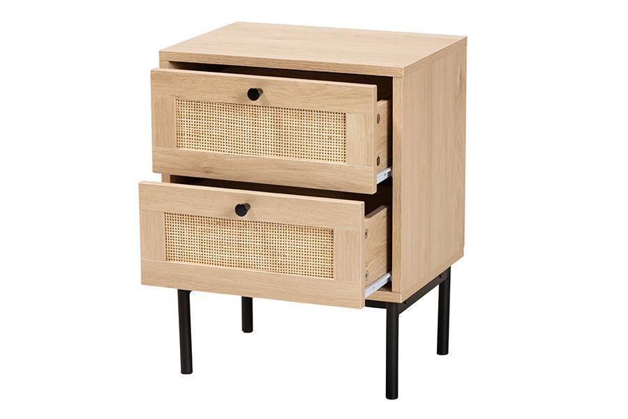 Baxton Studio Sherwin Mid-Century Modern Light Brown and Black 2-Drawer End Table with Woven Rattan Accent FredCo