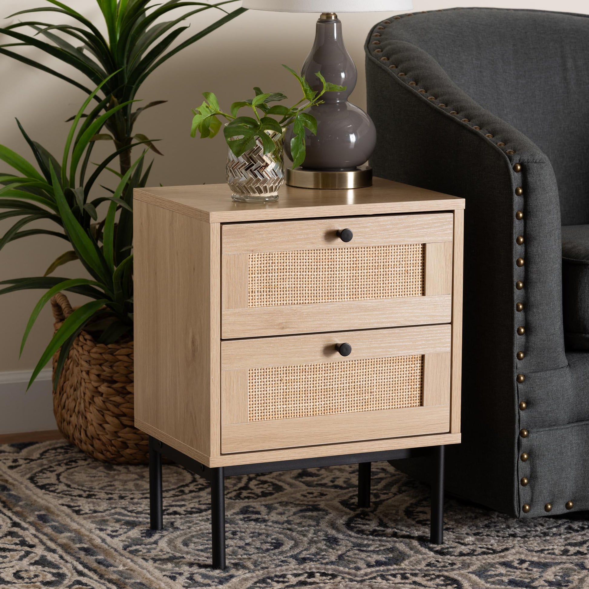 Baxton Studio Sherwin Mid-Century Modern Light Brown and Black 2-Drawer End Table with Woven Rattan Accent FredCo