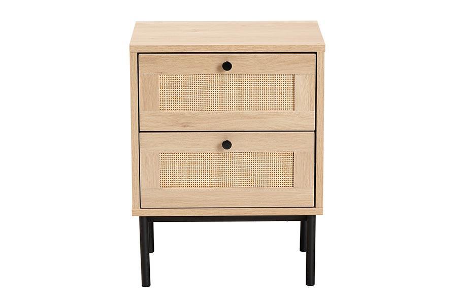 Baxton Studio Sherwin Mid-Century Modern Light Brown and Black 2-Drawer End Table with Woven Rattan Accent FredCo