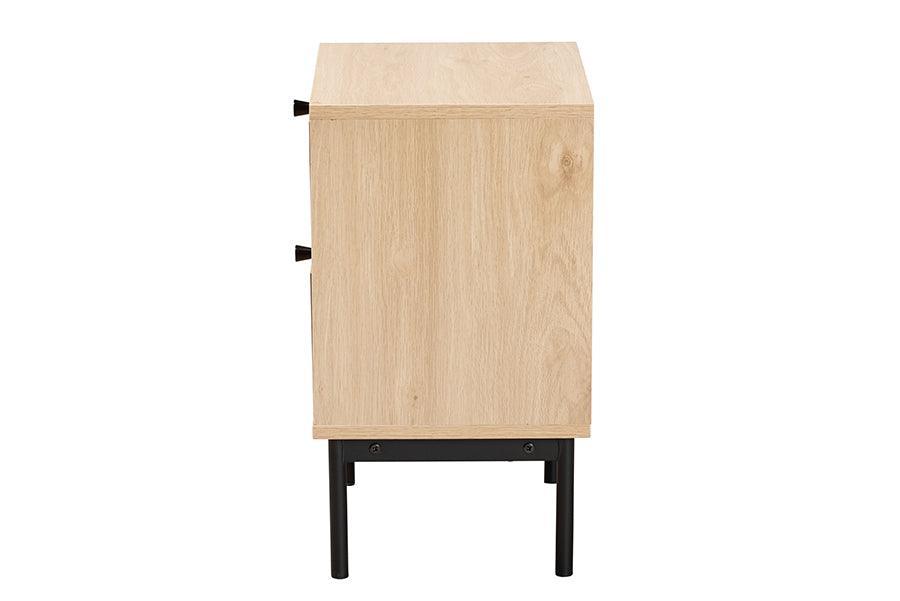 Baxton Studio Sherwin Mid-Century Modern Light Brown and Black 2-Drawer End Table with Woven Rattan Accent FredCo