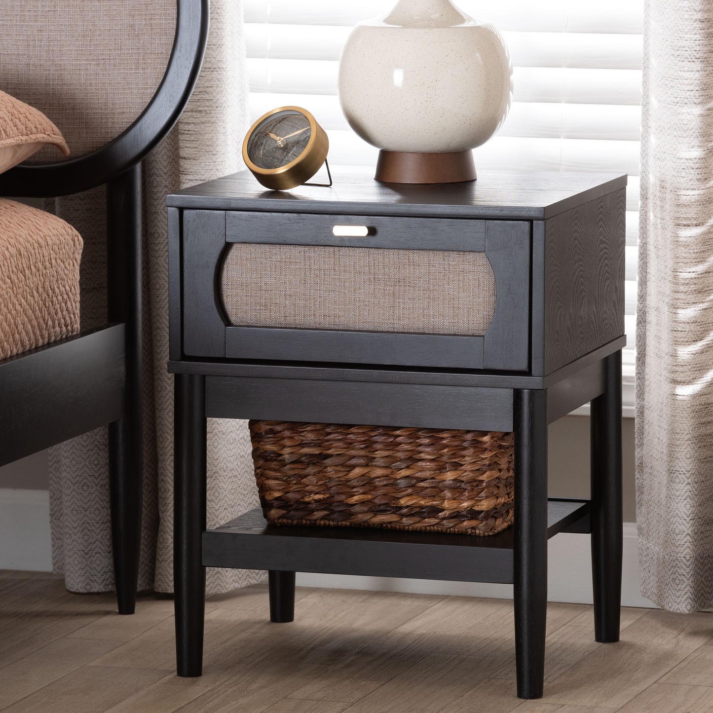 Baxton Studio Shirin Mid-Century Beige Fabric and Black Wood 1-Drawer Nightstand FredCo