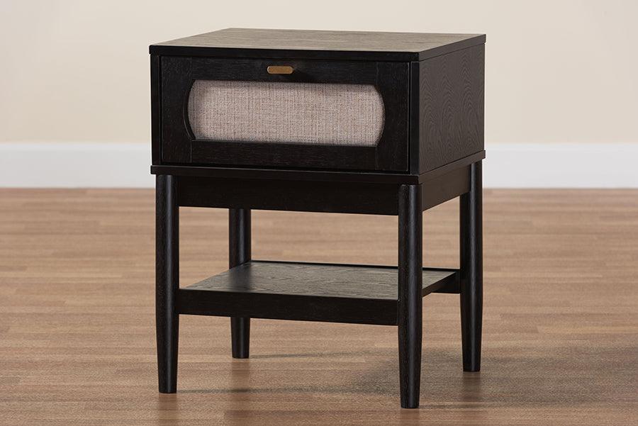 Baxton Studio Shirin Mid-Century Beige Fabric and Black Wood 1-Drawer Nightstand FredCo