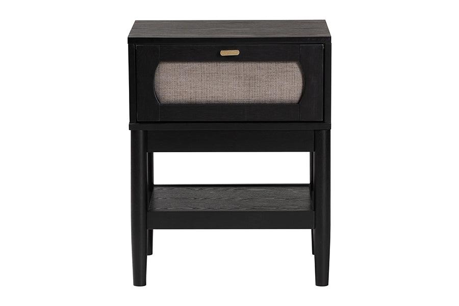 Baxton Studio Shirin Mid-Century Beige Fabric and Black Wood 1-Drawer Nightstand FredCo