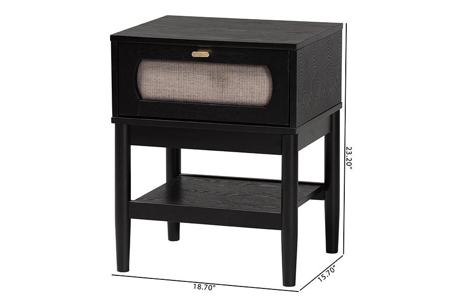Baxton Studio Shirin Mid-Century Beige Fabric and Black Wood 1-Drawer Nightstand FredCo