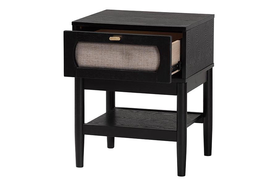 Baxton Studio Shirin Mid-Century Beige Fabric and Black Wood 1-Drawer Nightstand FredCo