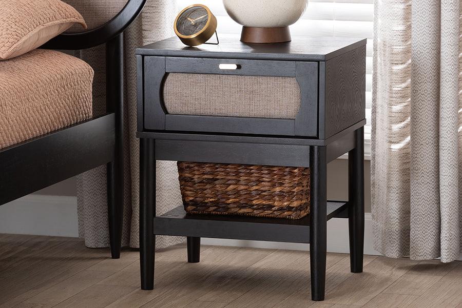 Baxton Studio Shirin Mid-Century Beige Fabric and Black Wood 1-Drawer Nightstand FredCo