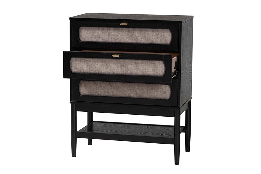 Baxton Studio Shirin Mid-Century Beige Fabric and Black Wood 3-Drawer Chest FredCo