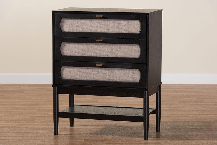 Baxton Studio Shirin Mid-Century Beige Fabric and Black Wood 3-Drawer Chest