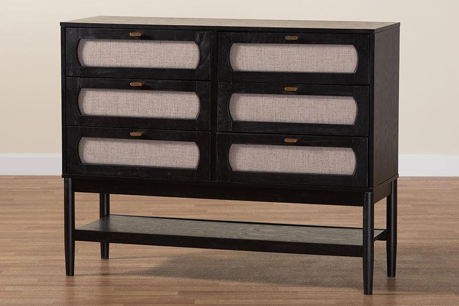Baxton Studio Shirin Mid-Century Beige Fabric and Black Wood 6-Drawer Dresser FredCo