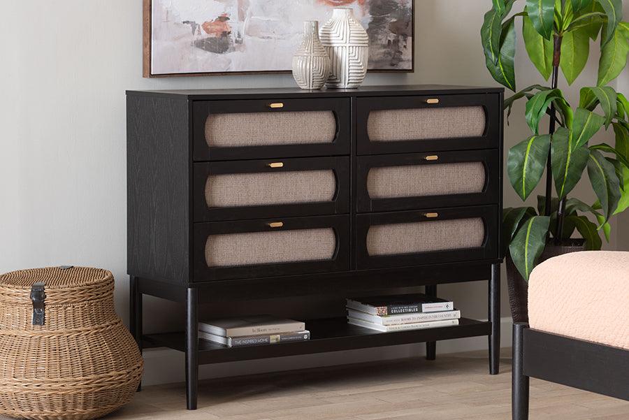 Baxton Studio Shirin Mid-Century Beige Fabric and Black Wood 6-Drawer Dresser FredCo