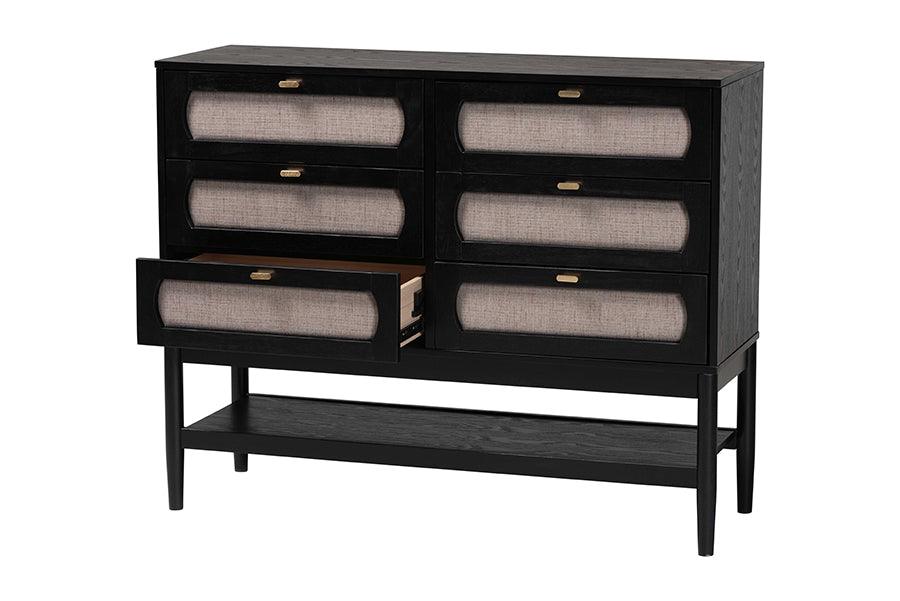 Baxton Studio Shirin Mid-Century Beige Fabric and Black Wood 6-Drawer Dresser FredCo