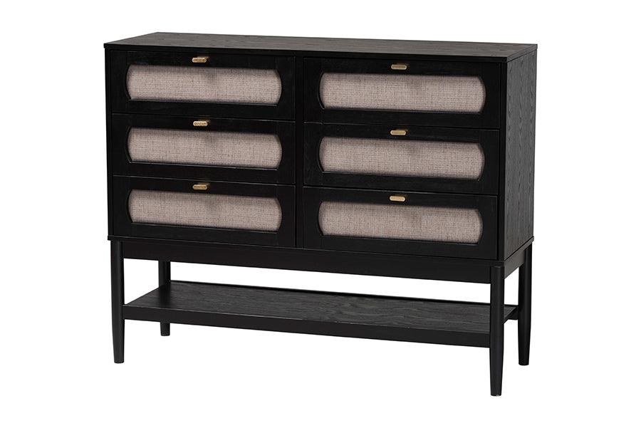 Baxton Studio Shirin Mid-Century Beige Fabric and Black Wood 6-Drawer Dresser FredCo