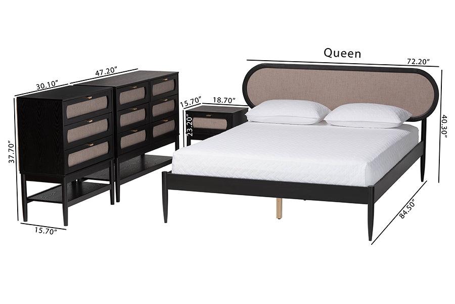 Baxton Studio Shirin Mid-Century Beige Fabric and Black Wood Queen 4-Piece Bedroom Set FredCo