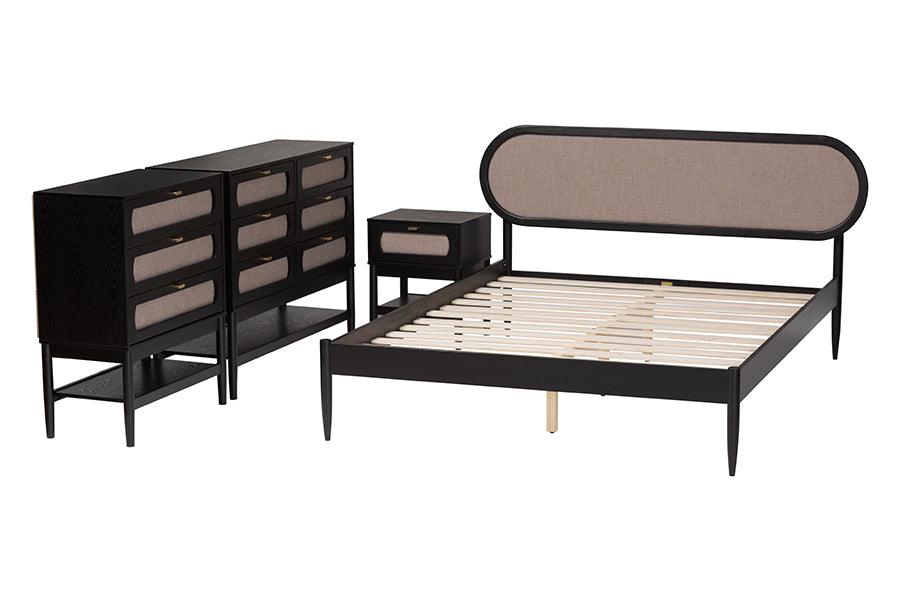 Baxton Studio Shirin Mid-Century Beige Fabric and Black Wood Queen 4-Piece Bedroom Set FredCo