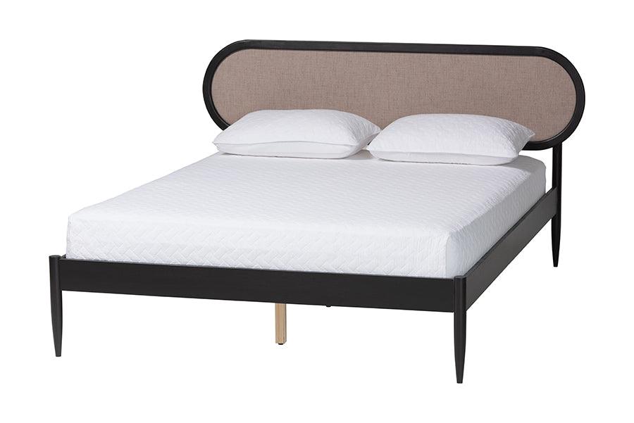Baxton Studio Shirin Mid-Century Beige Fabric and Black Wood Queen 4-Piece Bedroom Set FredCo