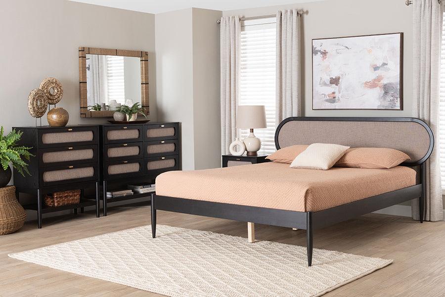 Baxton Studio Shirin Mid-Century Beige Fabric and Black Wood Queen 4-Piece Bedroom Set FredCo