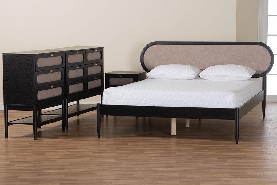 Baxton Studio Shirin Mid-Century Beige Fabric and Black Wood Queen 4-Piece Bedroom Set FredCo