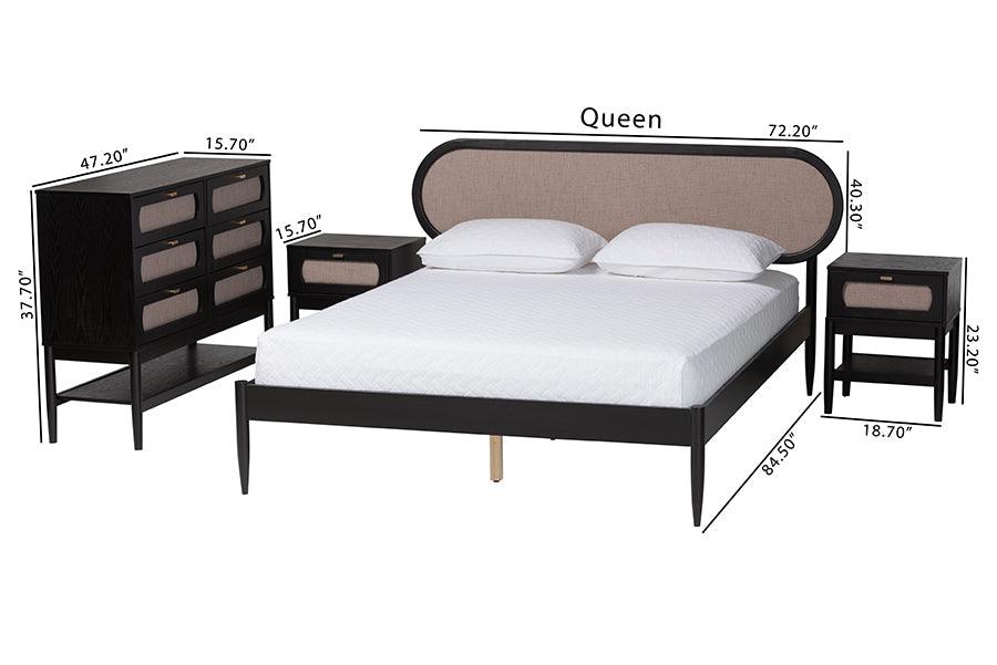 Baxton Studio Shirin Mid-Century Beige Fabric and Black Wood Queen 4-Piece Bedroom Set with Two nightstands FredCo