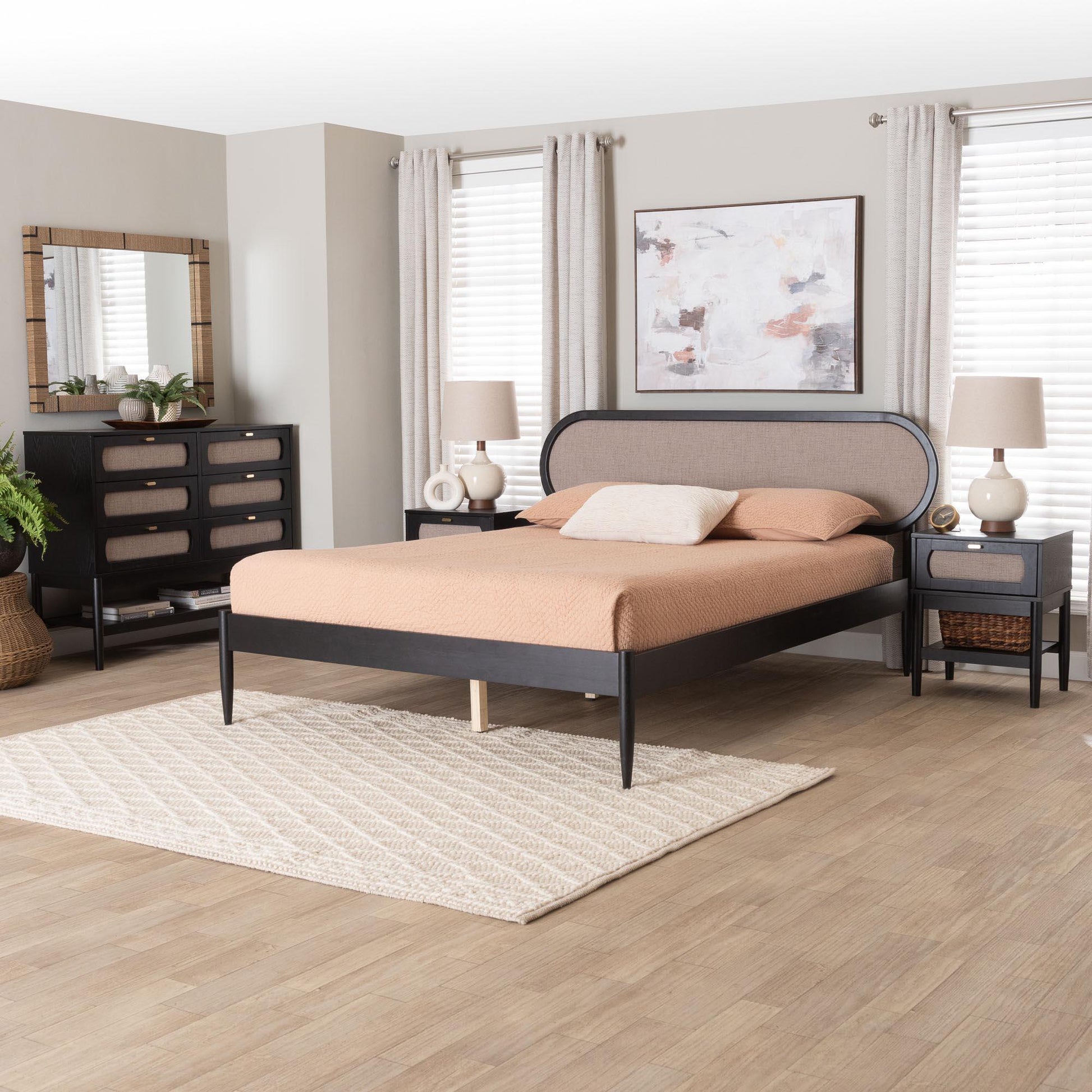 Baxton Studio Shirin Mid-Century Beige Fabric and Black Wood Queen 4-Piece Bedroom Set with Two nightstands FredCo