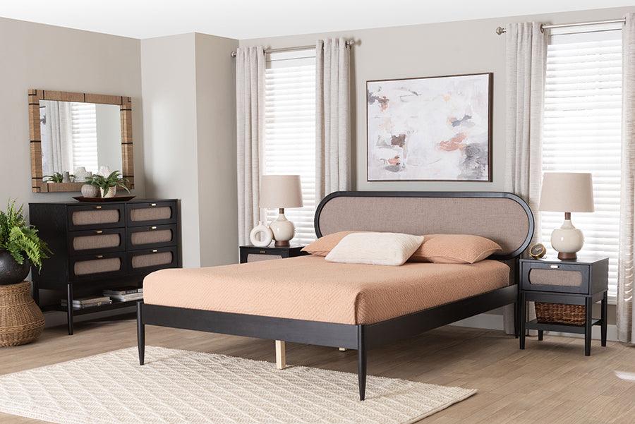 Baxton Studio Shirin Mid-Century Beige Fabric and Black Wood Queen 4-Piece Bedroom Set with Two nightstands FredCo