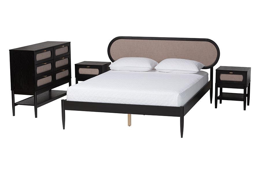 Baxton Studio Shirin Mid-Century Beige Fabric and Black Wood Queen 4-Piece Bedroom Set with Two nightstands FredCo