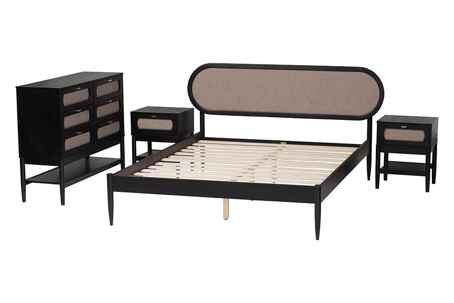 Baxton Studio Shirin Mid-Century Beige Fabric and Black Wood Queen 4-Piece Bedroom Set with Two nightstands FredCo