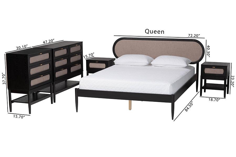 Baxton Studio Shirin Mid-Century Beige Fabric and Black Wood Queen 5-Piece Bedroom Set FredCo