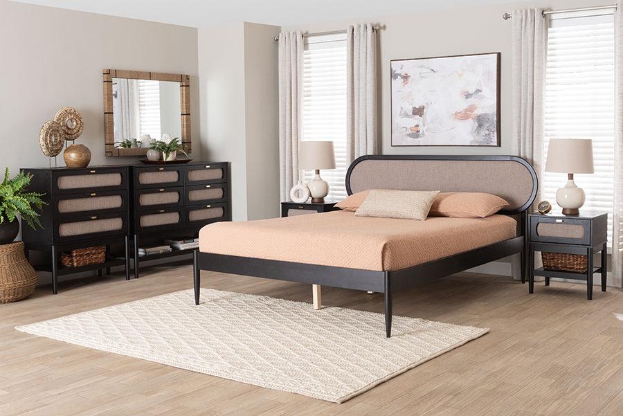 Baxton Studio Shirin Mid-Century Beige Fabric and Black Wood Queen 5-Piece Bedroom Set FredCo