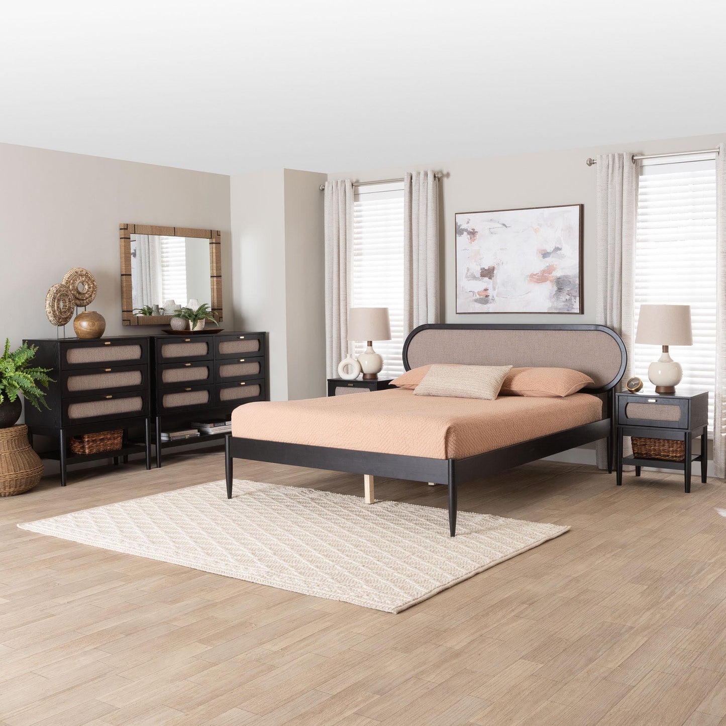 Baxton Studio Shirin Mid-Century Beige Fabric and Black Wood Queen 5-Piece Bedroom Set FredCo