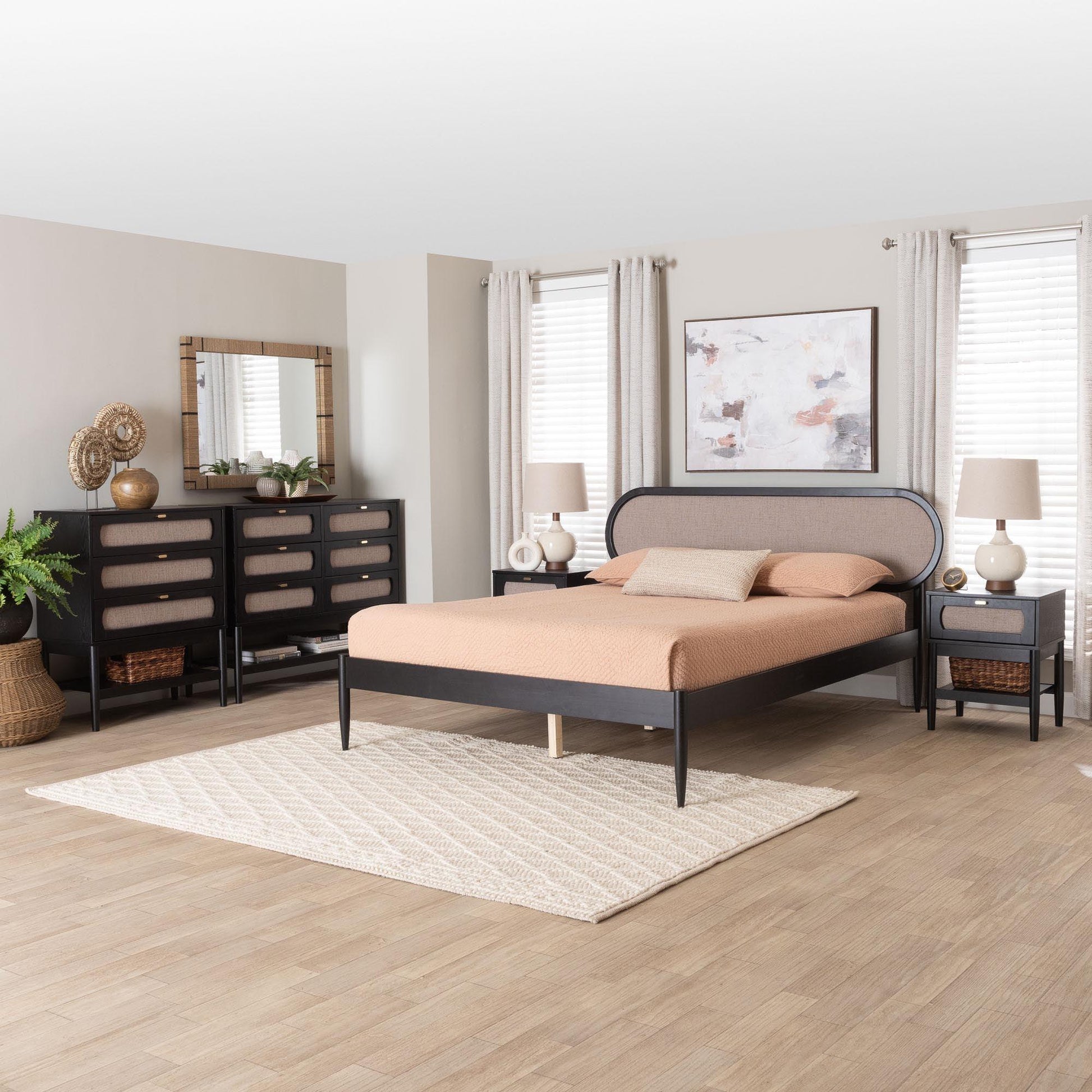 Baxton Studio Shirin Mid-Century Beige Fabric and Black Wood Queen 5-Piece Bedroom Set FredCo