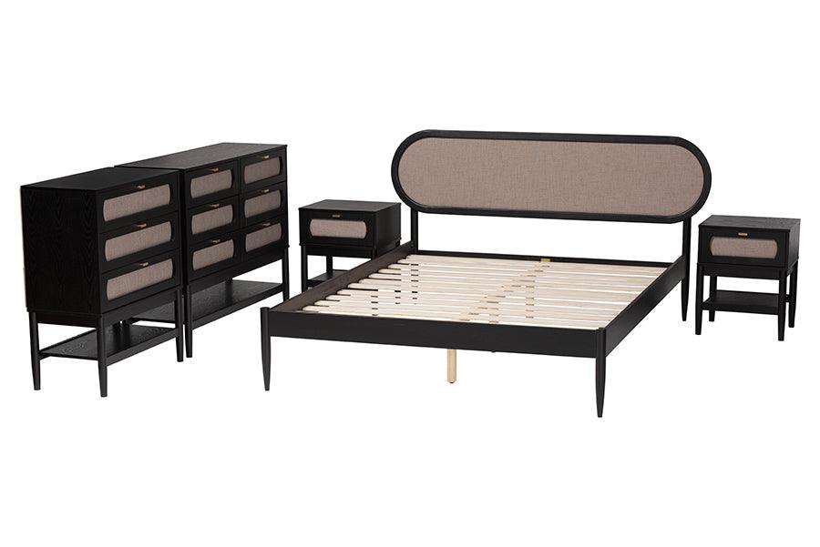 Baxton Studio Shirin Mid-Century Beige Fabric and Black Wood Queen 5-Piece Bedroom Set FredCo