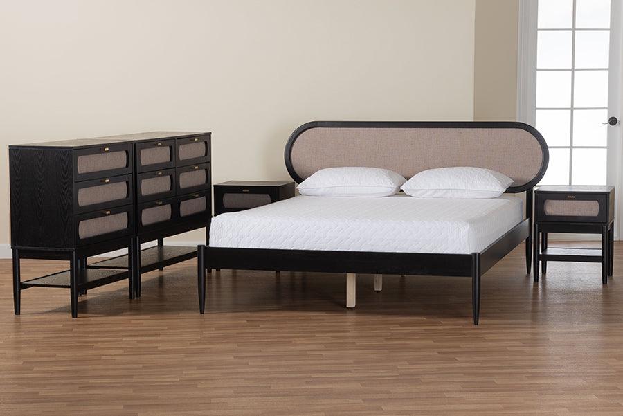Baxton Studio Shirin Mid-Century Beige Fabric and Black Wood Queen 5-Piece Bedroom Set FredCo