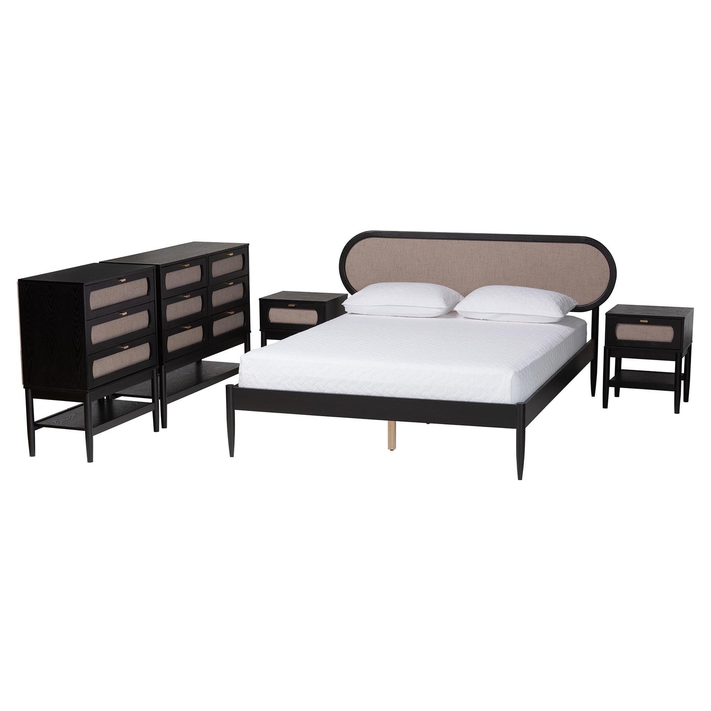 Baxton Studio Shirin Mid-Century Beige Fabric and Black Wood Queen 5-Piece Bedroom Set FredCo