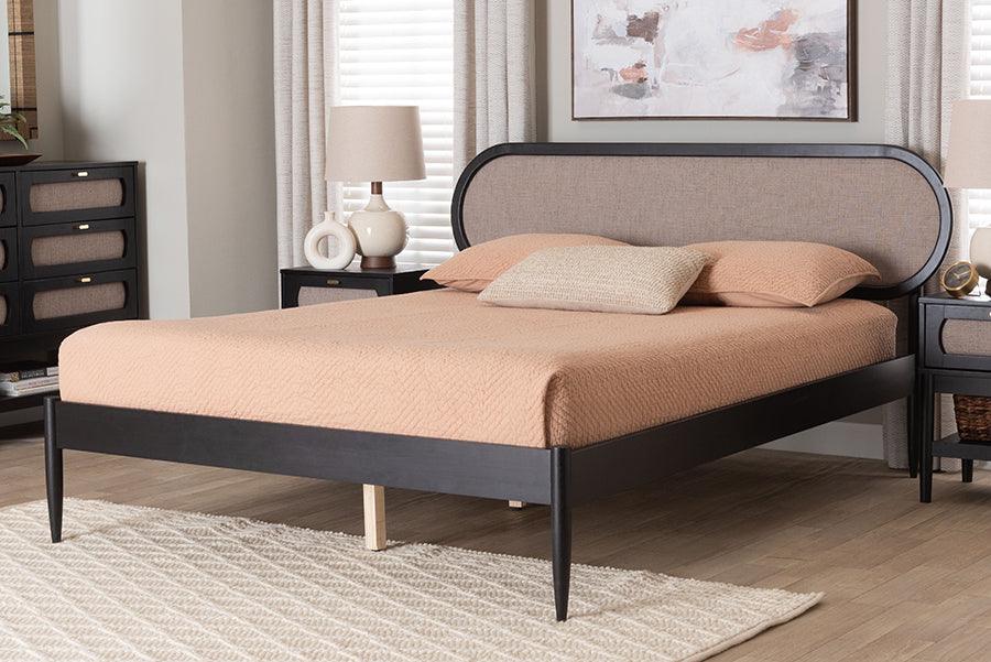 Baxton Studio Shirin Mid-Century Beige Fabric and Black Wood Queen Platform Bed FredCo