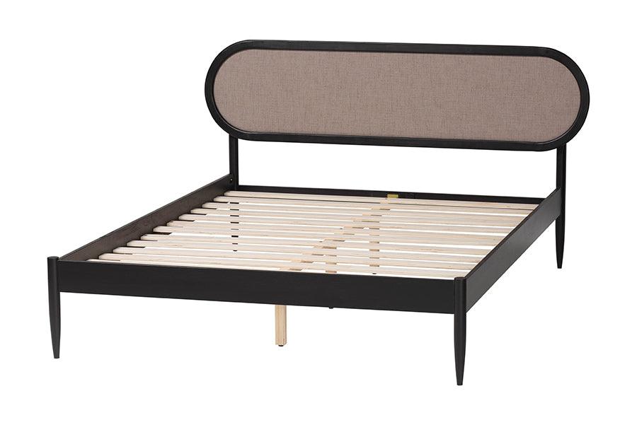 Baxton Studio Shirin Mid-Century Beige Fabric and Black Wood Queen Platform Bed FredCo