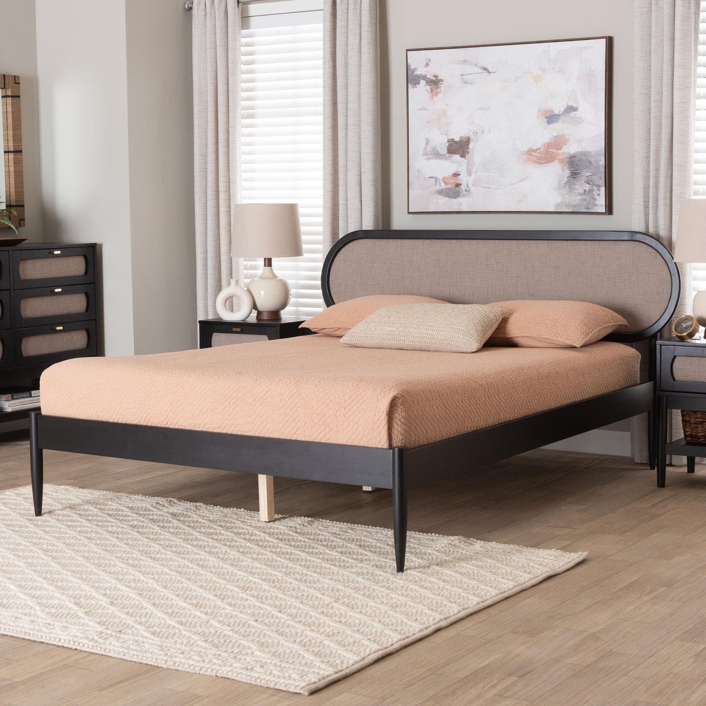 Baxton Studio Shirin Mid-Century Beige Fabric and Black Wood Queen Platform Bed FredCo