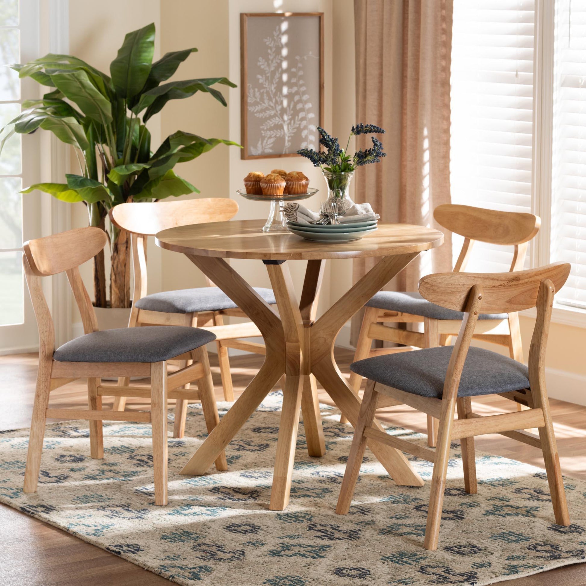 Baxton Studio Shirina Mid-Century Grey Fabric and Natural Brown Finished Wood 5-Piece Dining Set FredCo