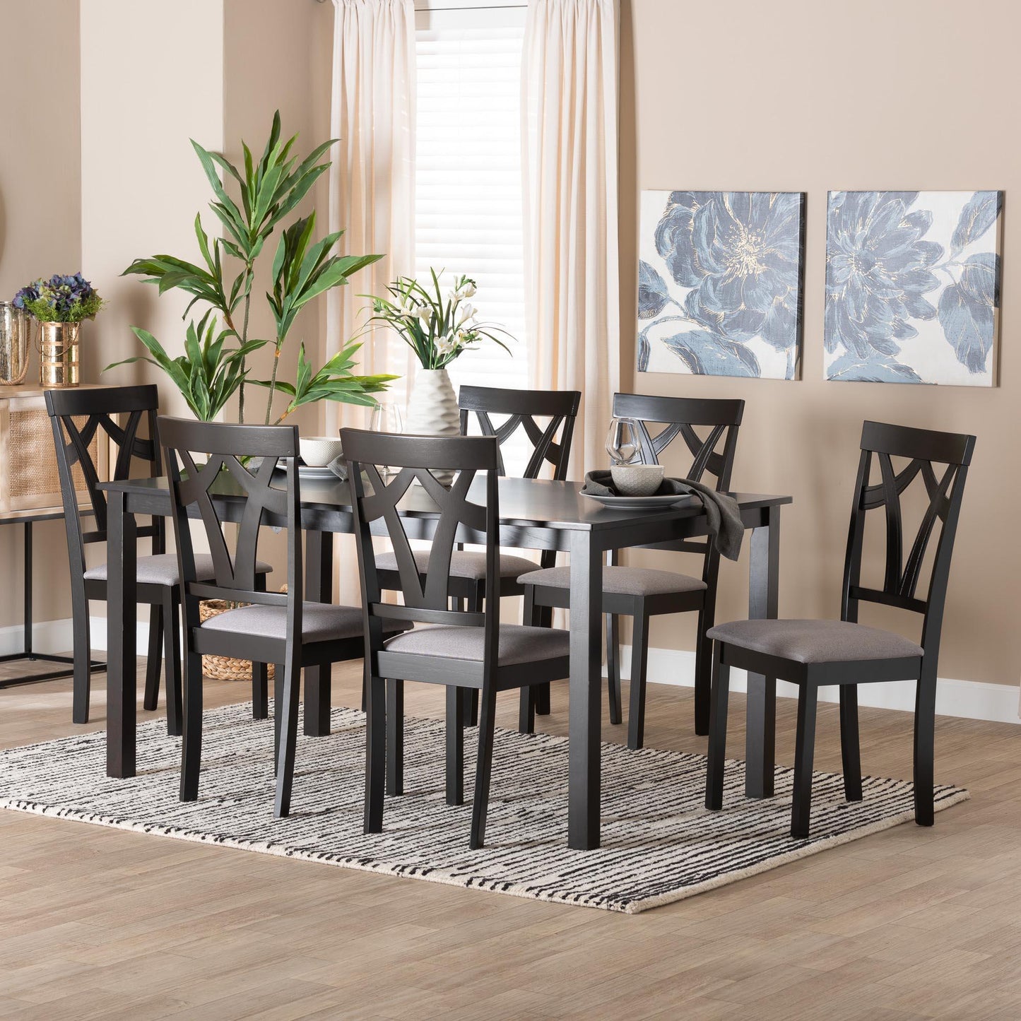 Baxton Studio Sylvia Modern Grey Fabric and Dark Brown Finished Wood 7-Piece Dining Set FredCo