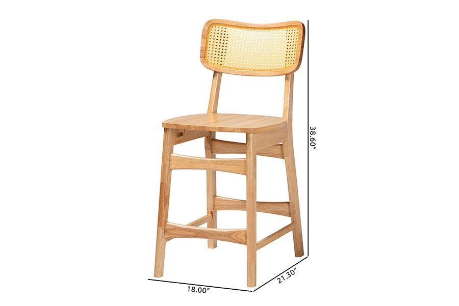 Baxton Studio Tadeo Mid-Century Modern Oak Brown Finished Wood and Rattan 2-Piece Counter Stool Set FredCo