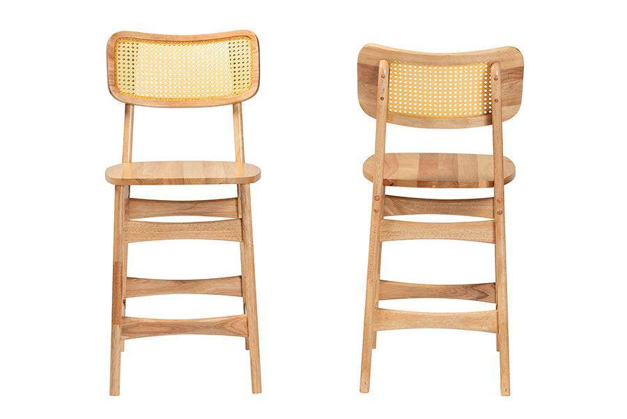 Baxton Studio Tadeo Mid-Century Modern Oak Brown Finished Wood and Rattan 2-Piece Counter Stool Set FredCo
